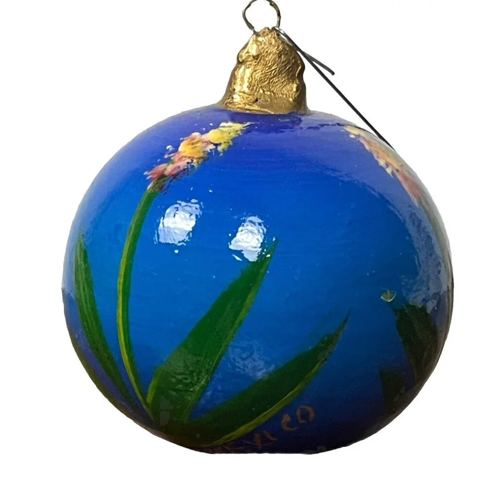 Christmas Ornament Ball Mexican Folk Art Pottery Hand‎ Painted Artisan Frog Lily